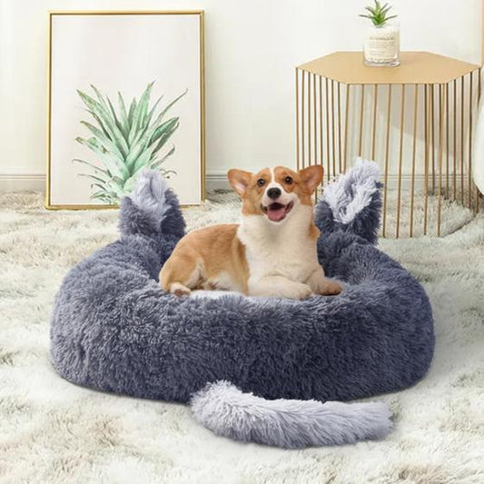 Plush Pet Bed – Cute Ears & Tail Design, Ultra-Soft Fleece, Washable, Anti-Slip Base