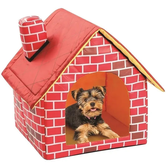 Indoor Dog Bed House – Fun Brick Kennel Design, Soft Padded Interior, Foldable, Portable, For Small Dogs