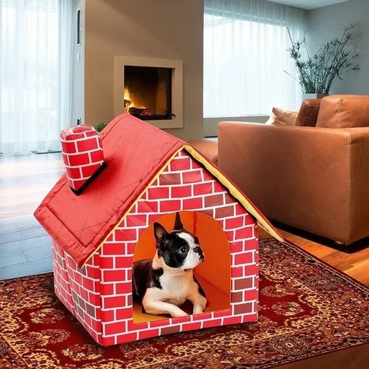 Indoor Dog Bed House – Fun Brick Kennel Design, Soft Padded Interior, Foldable, Portable, For Small Dogs