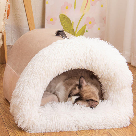 Winter Pet Bed House – Semi-Enclosed Warm Plush Design for Small Dogs