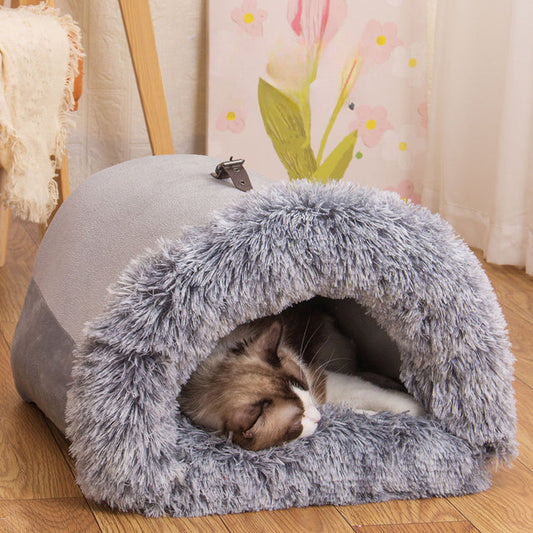 Winter Pet Bed House – Semi-Enclosed Warm Plush Design for Small Dogs
