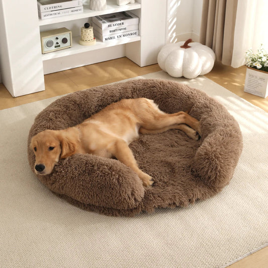 Calming Round Pet Bed – Plush Bolster Edge, Soft Anti-Anxiety Design, Washable, Warm & Supportive
